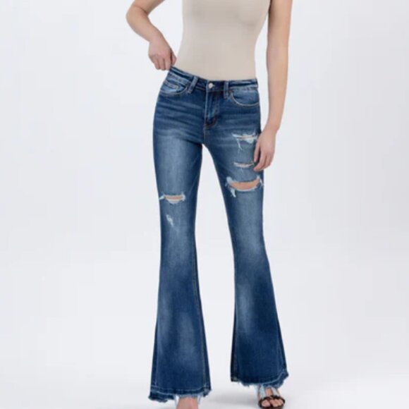 Vervet Blue Jean: Giant Step - Distressed High Rise Flare Jeans - Picture 1 of 11